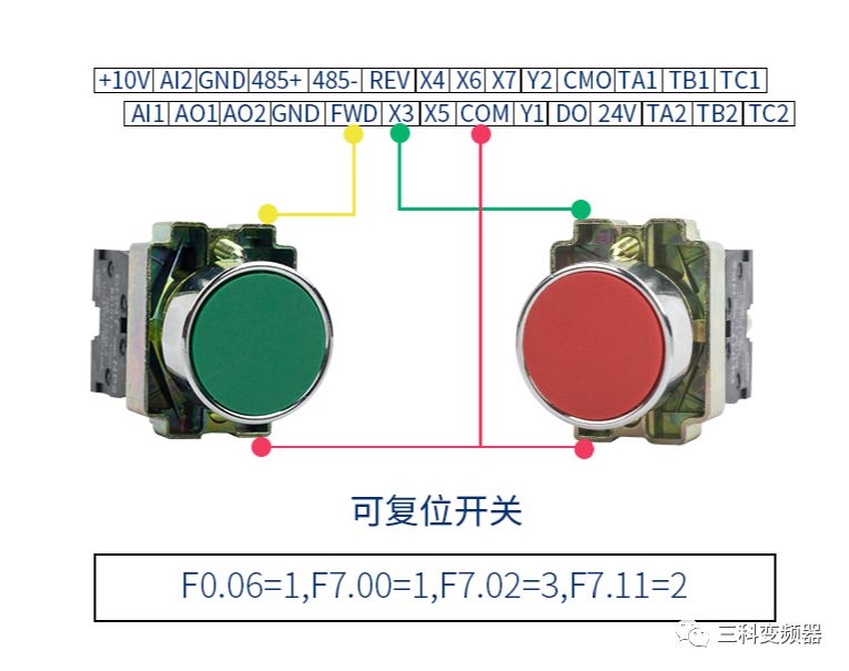 ②:变频器控制端子与开关实物接线图