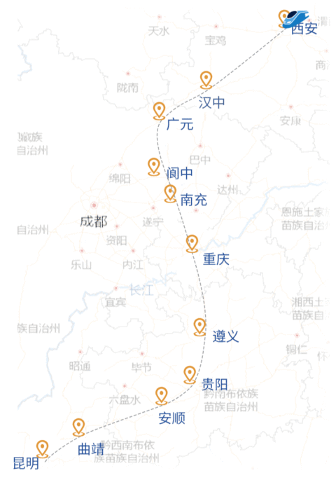 高铁,沿途经过汉中,广元,南充,重庆,遵义,贵阳,安顺,曲靖等城市,西安